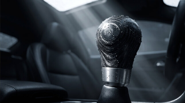Close-up of a custom forged carbon fiber gear shift knob covered in water droplets inside a dark car interior with dramatic sun rays