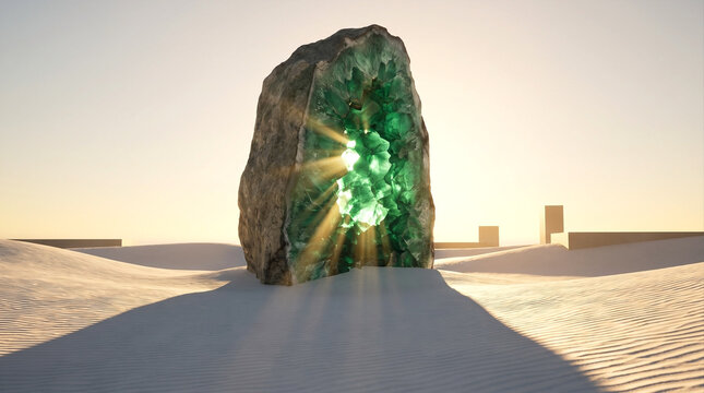 Surreal landscape of a giant glowing green crystal geode resting on white desert sand with radiating light beams