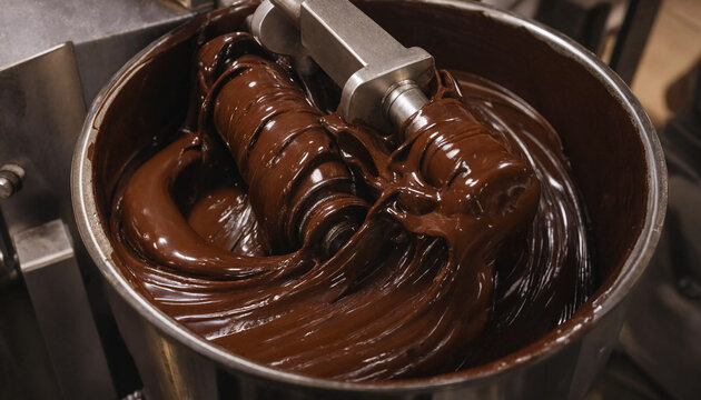 Industrial machine mixing dark liquid chocolate in a commercial confectionery production factory setting.