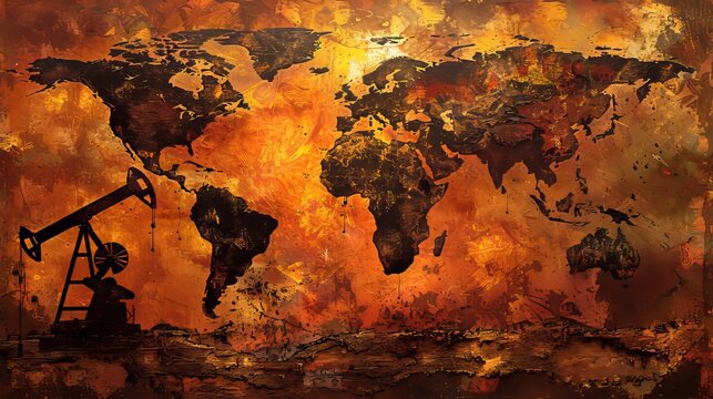 Dramatic oil pumpjack silhouette on world map representing global energy and geopolitical crisis