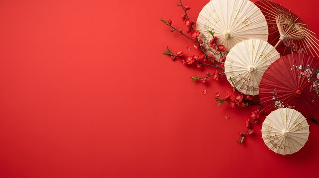 Festive christmas background with white ornaments and red berries on red surface