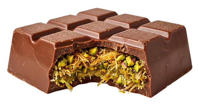 Gourmet Dubai chocolate bar with pistachio and kataifi filling. Milk chocolate block with crunchy kunafa center. Middle Eastern dessert.
