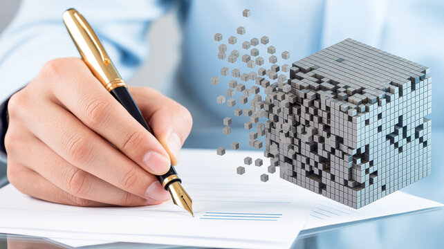 Professional Hand Holding a Fountain Pen Signing Documents Next to a Conceptual Digital Dissolving Cube Representing Innovation and Data