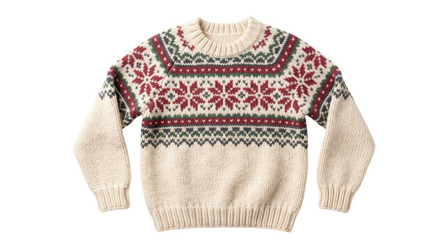 Fair Isle wool sweater with red snowflake pattern, cozy winter knit jumper on white background, traditional nordic knitwear apparel