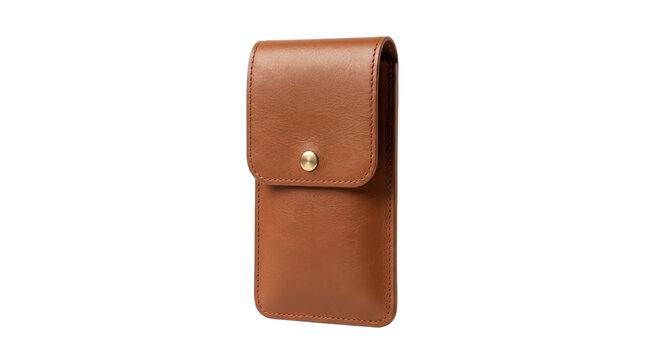 Brown leather smartphone holster with brass snap button. Premium leather phone pouch, protective mobile sleeve, elegant accessory for belt.