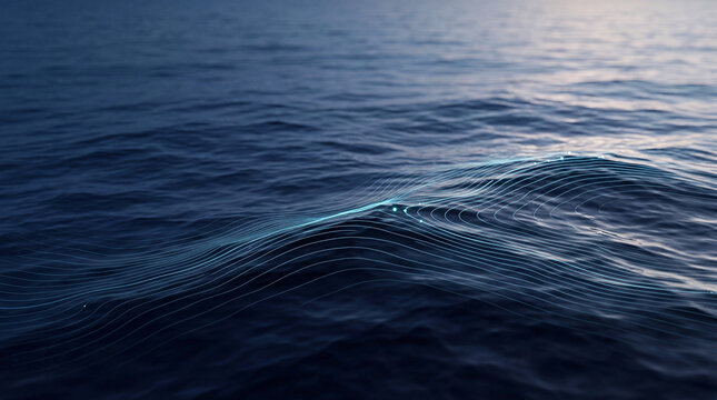 Futuristic digital ocean wave covered with glowing flowing data lines, symbolizing technology, connectivity, information flow, energy and digital transformation