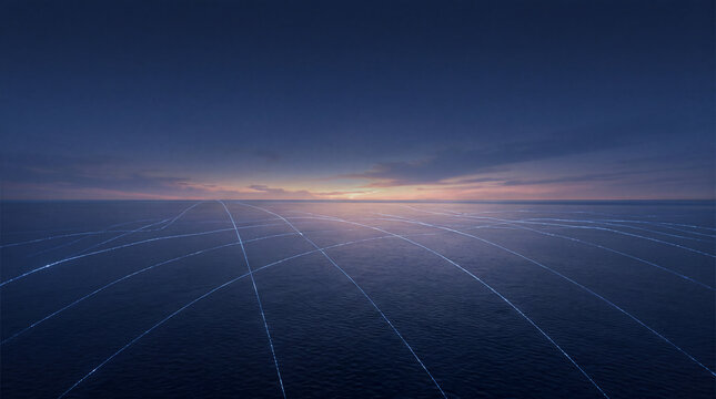 Futuristic digital network lines flowing across calm ocean at sunset, symbolizing global connectivity, data transmission, communication technology and digital transformation