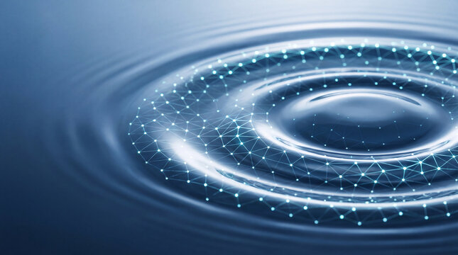Futuristic digital water ripple covered with glowing interconnected data points and network lines, symbolizing connectivity, data flow, communication technology and digital transformation