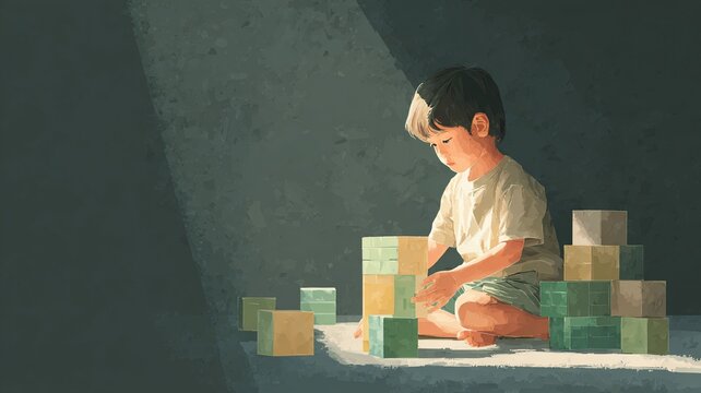 Young boy playing with building blocks in sunlight on bedroom floor  