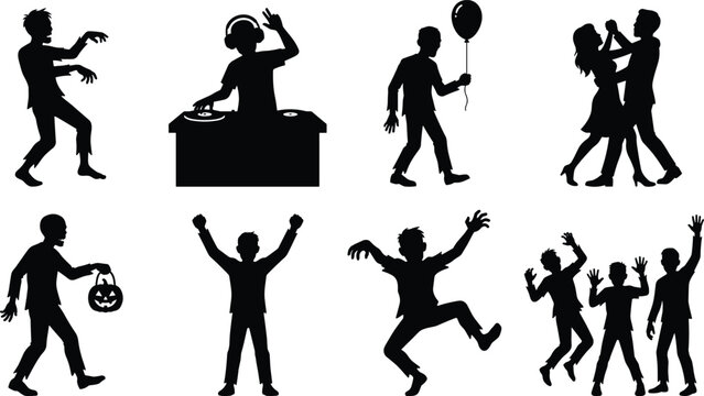 Halloween party silhouette collection featuring dancing zombies DJ couple holding balloon pumpkin lantern and celebrating crowd set