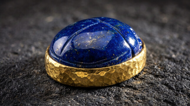 Macro close-up of an ancient Egyptian-style scarab carved from rich blue lapis lazuli stone set in a hammered gold ring on dark volcanic rock