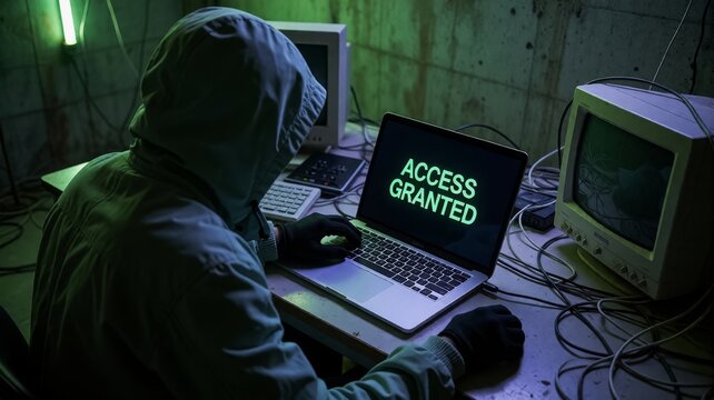 Hacker in Hood Working on Laptop with Access Granted Screen