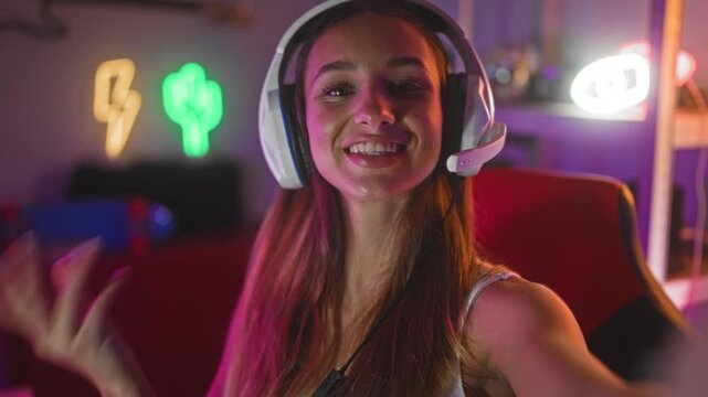 Woman wearing white headset smiling and waving hand in a gaming studio with neon cactus and lightning sign, seated in red gaming chair; community joyful.