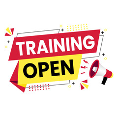 Training Open announcement sign with megaphone for business education and workshop events