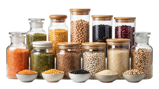 Assorted legumes in glass jars with wooden lids, variety of dried beans and pulses in kitchen storage containers, healthy pantry staples
