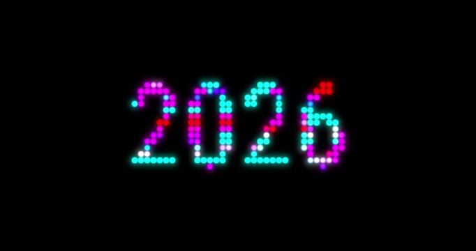 Colorful 2026 numbers transform into 2027 through a dynamic digital glitch effect on black background, creating a futuristic festive New Year transition animation concept