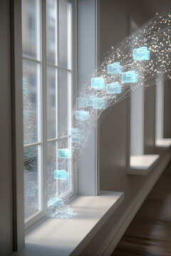 conceptual render of futuristic cloud services where glowing holographic folders are linked by shimmering AI data paths. The folders are positioned at the end of a high-speed fiber optic stream 