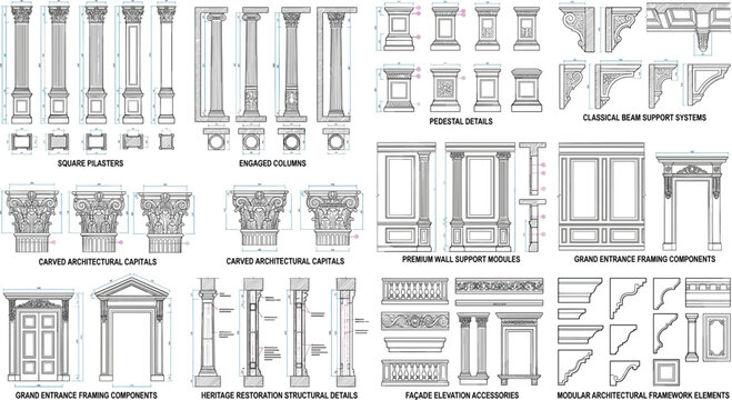Classical architectural drawings of pilasters, columns, capitals, pedestals, and decorative moldings
