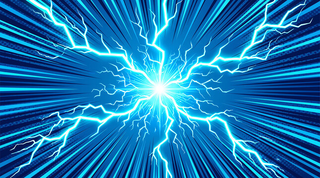 Bright blue lightning bolts explode with intense electric energy in this dynamic and vibrant comic illustration