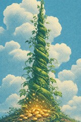 Fototapeta premium Fantasy beanstalk spirals skyward from glowing golden eggs beneath clouds