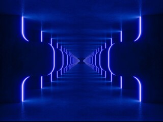 Obraz premium Blue modern lighting tunnel space, 3d rendering sci-fi concept