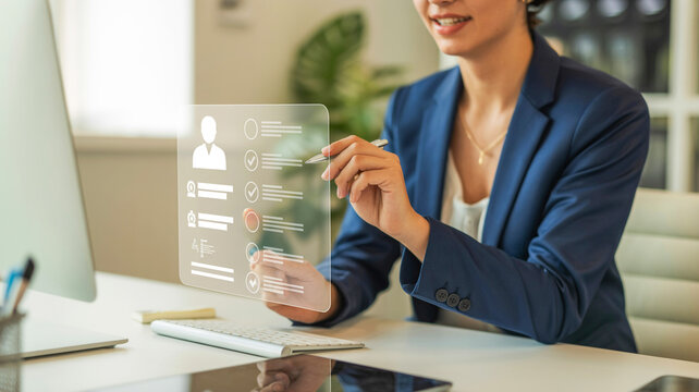 A Businesswoman Interacting with a Holographic User Interface Displaying a Profile Selection Screen on a Desk