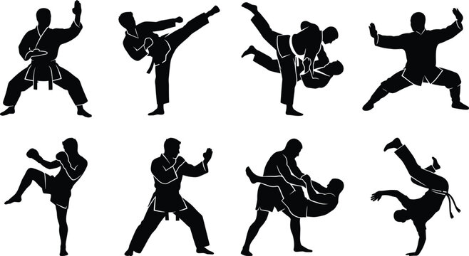 Martial arts fighters silhouette vector set featuring karate judo kickboxing kung fu and capoeira combat sports poses