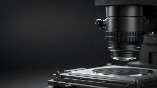 Macro view of high precision optical microscope lens inspecting silicon wafer in dark lab with microscope precision laboratory research technology