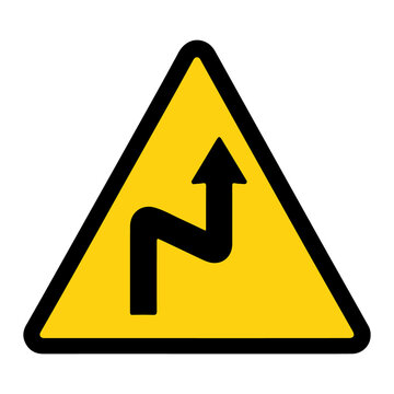 Double curve or reverse turn hazard yellow triangle warning sign vector illustration