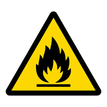 Flammable material or fire hazard flame yellow triangle warning sign vector illustration
