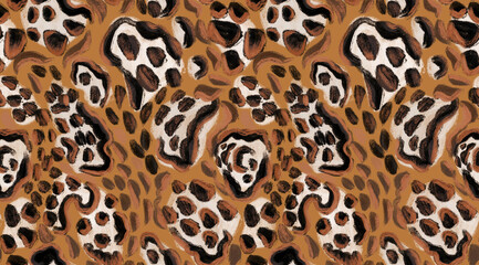 Seamless traditional leopard pattern with rich brown spots and cream details on terracotta background. © Deti