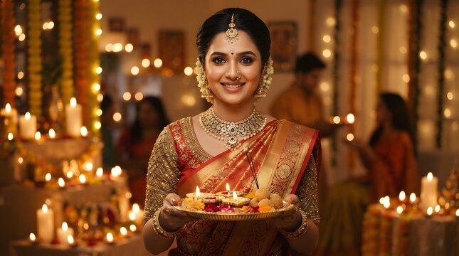 A beautiful indian woman in traditional red and gold attire holding a decorated puja thali with lit diyas during a festive celebration