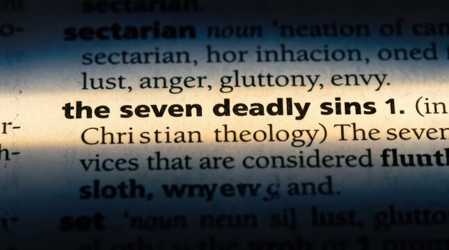 Macro View of The Seven Deadly Sins Dictionary Definition Highlighting Christian Theology and Moral Vices