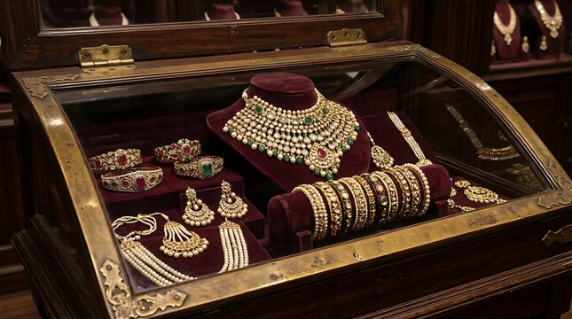 Traditional indian gold jewelry on display for bollywood day