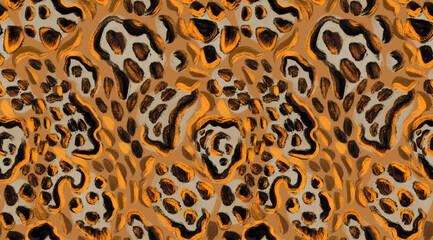 Seamless traditional leopard pattern with dark brown and black animal print spots on ochre background. © Deti