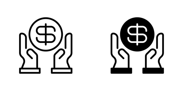 Hand Holding Coin Line Icon, Outline Symbol for Charitable Donation, Financial Support, Wealth Accumulation, Salary Payment, and Investment Return. Vector Sign Icon.