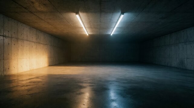 Industrial Concrete Basement Interior with Contrasting Lighting