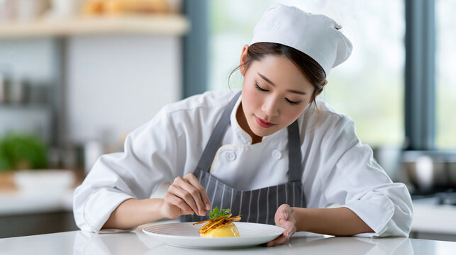 Asian female chef in white uniform garnishing dessert plate with fresh herbs in modern kitchen, large windows and cooking equipment visible in the background