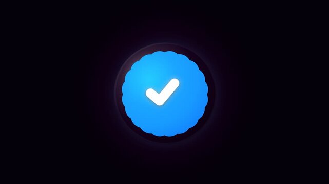 Blue verified badge icon with checkmark symbol on dark background