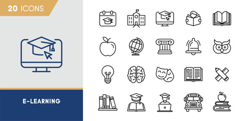 Fototapeta premium E-Learning and Digital Online Education Vector Line Icons