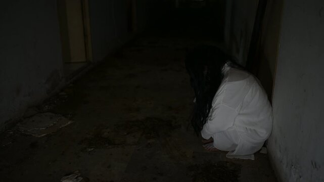 Dark horror scene of a mysterious figure in a white dress sitting alone in a dim abandoned room. Eerie shadows create a supernatural atmosphere for haunted house, paranormal and Halloween concepts.
