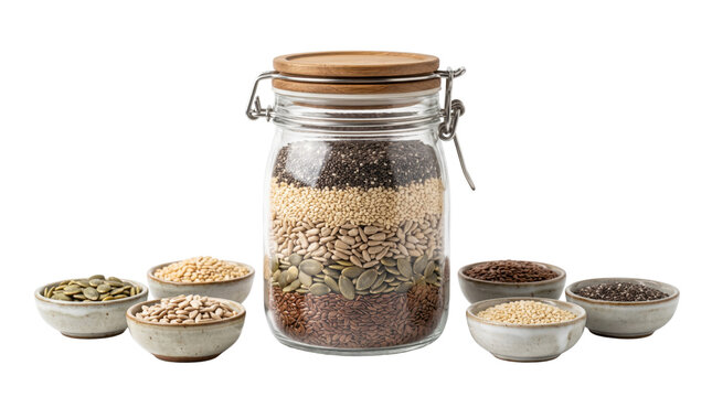 Glass storage jar with layered seeds and grains, organic superfood collection in ceramic bowls, healthy pantry staples on white background