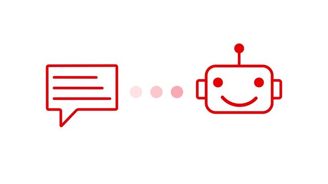 Animated motion graphics showing a digital text chat bubble icon connecting to a smiling robot head via three loading dots. Concept of AI chatbot assistant, customer support, 4k video animation.