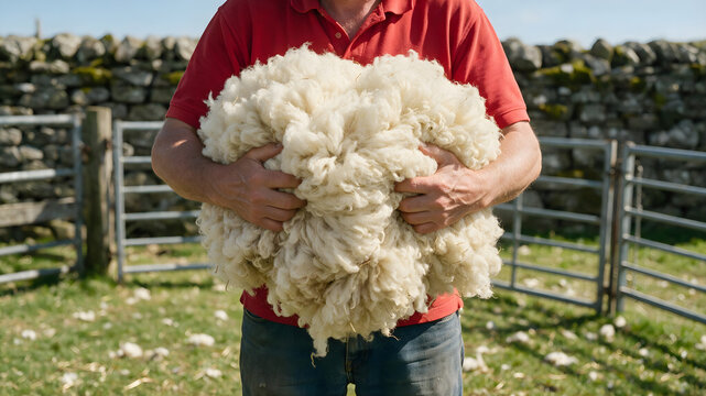 Farmer in red shirt holding large raw wool fleece after shearing, with stone wall and farm fence in background
