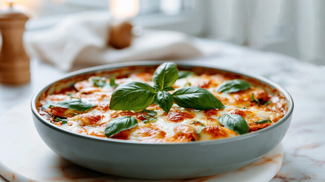 Baked pasta dish topped with fresh basil leaves served in a round ceramic bowl on a marble countertop with soft natural lighting in the background