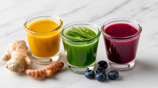Three colorful juice shots in glass cups on a marble surface, featuring turmeric, ginger, green vegetable juice, and blueberry garnishes