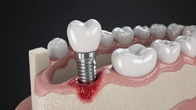 3D Medical Illustration Cross Section of Dental Implant Anchored in Jawbone with Inflamed Gum Tissue