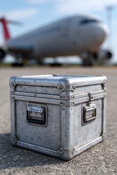 Silver air cargo container on airport apron with freighter in background