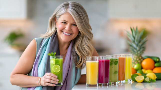Middle-aged woman with long blonde hair smiles while presenting colorful fruit juices in glasses on a kitchen counter with fresh fruits and greenery in the background