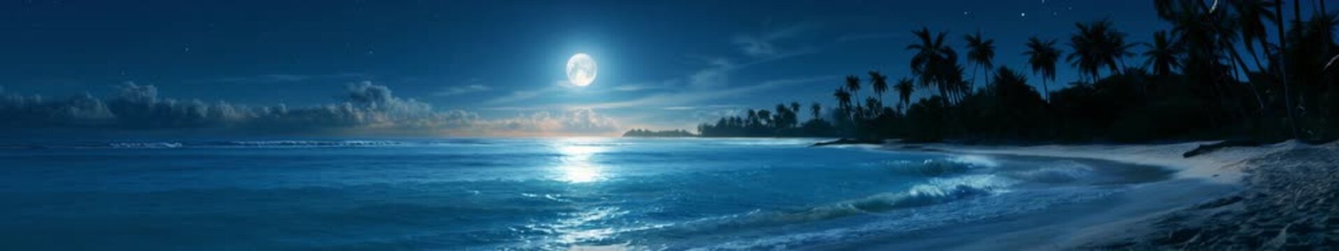Moonlit Tropical Shore with Palm Trees and Full Moon in a Widescreen Seamless Loop Animation